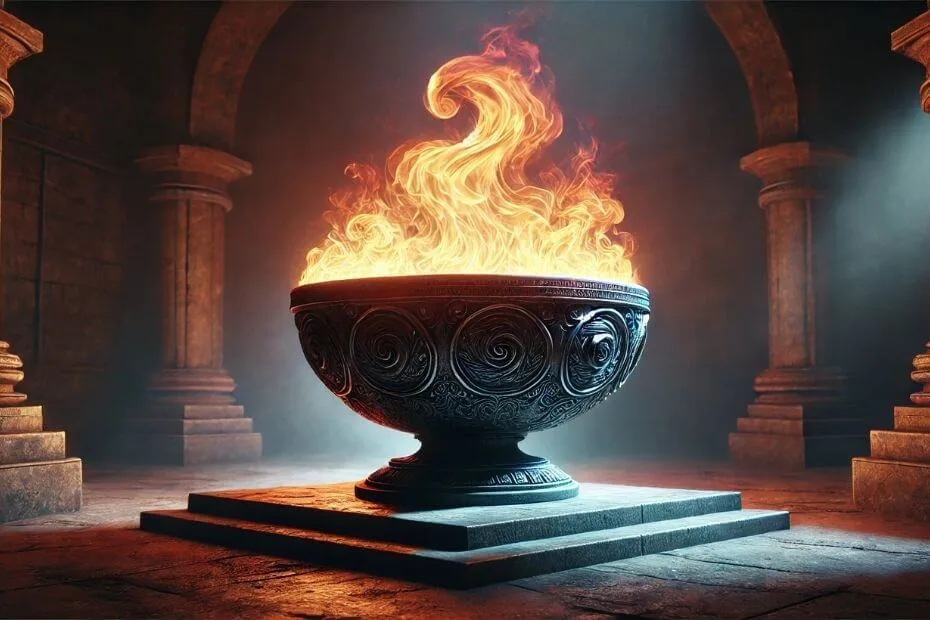 This image for The Wheel of Time Season 1 Episode 5 features a ceremonial bowl with intricate swirling carvings engulfed by vibrant flames. The bowl sits atop a square stone pedestal within a dimly lit room with arched stone columns.