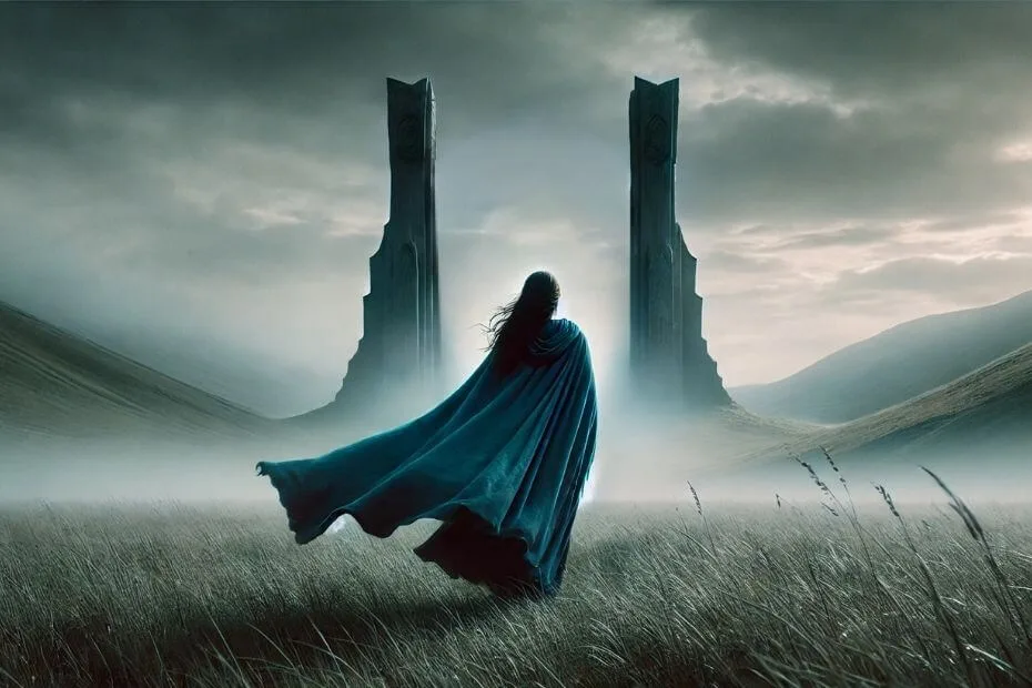 This image for The Wheel of Time Season 1 Episode 6 features Moiraine Damodred from behind, her flowing blue cloak billowing in the wind as she approaches two towering stone pillars of a Waygate. The grassy field around her is bathed in mist, with muted hills fading into the horizon under a cloudy sky.