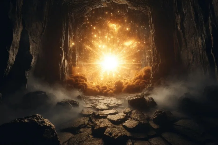 This feature image for The Wheel of Time Season 1 Episode 4 depicts a radiant burst of golden light filling a dark cavern, scattering dust and illuminating the rugged stone walls and uneven ground.