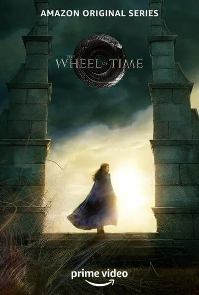 Promotional poster for The Wheel of Time Season 1 featuring Moiraine Damodred (Rosamund Pike) standing between the towering stone Waygate with sunlight streaming behind her. The Amazon Original Series logo and Prime Video branding are displayed.