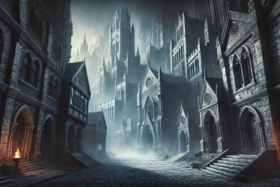 This image for The Wheel of Time Season 1 Episode 2 features a haunting cityscape with gothic architecture, towering spires, shadowy alleys, and an eerie mist that permeates the air. Dim light from a solitary torch contrasts with the scene’s oppressive darkness.