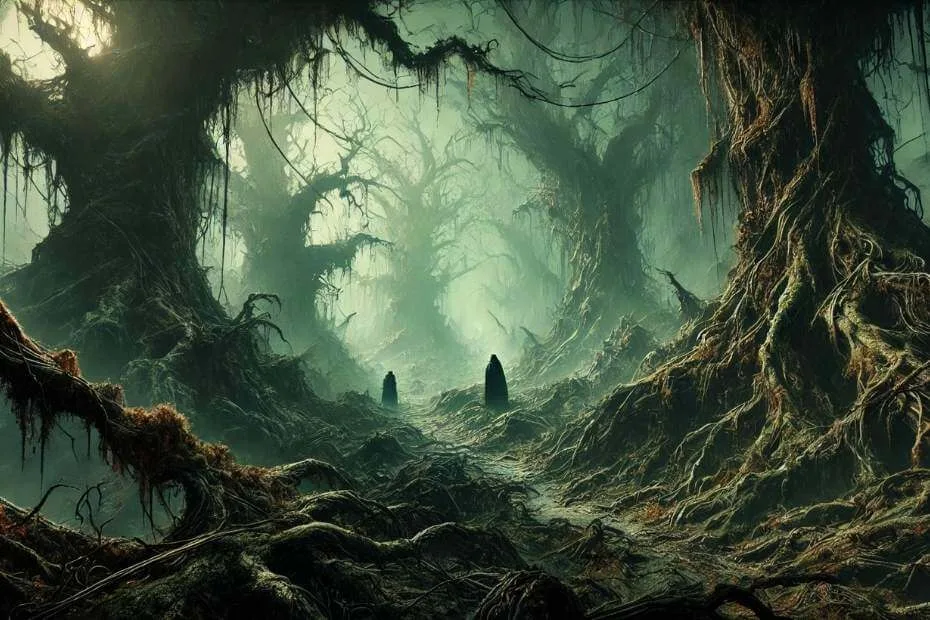 This image for The Wheel of Time Season 1 Episode 8 features a haunting and twisted forest. Enormous gnarled trees with tangled roots and hanging vines are shrouded in an eerie greenish light. Two shadowy figures walk in the distance.