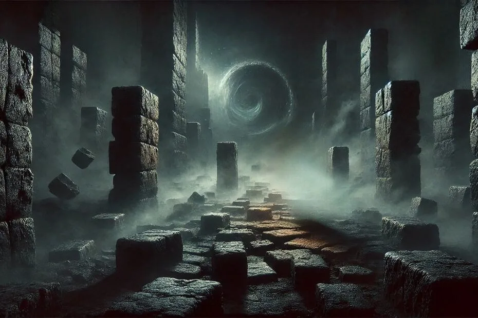 This image for The Wheel of Time Season 1 Episode 7 depicts the interior of the Ways, with jagged, stunted pillars scattered unevenly and surrounded by an oppressive black mist. The ground is uneven, composed of broken stones leading toward a swirling vortex in the distance, representing the Black Wind.