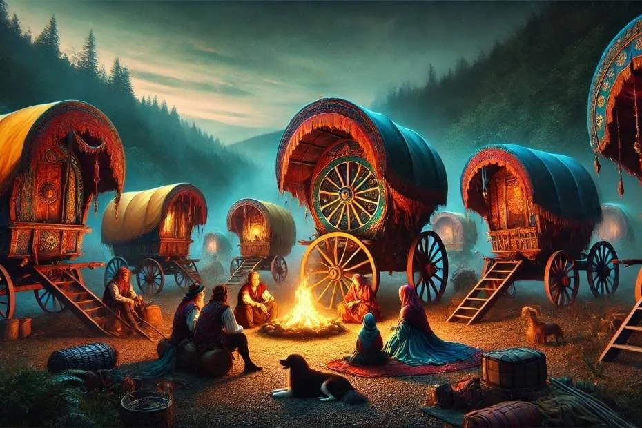 This image for The Wheel of Time Season 1 Episode 3 features a Tinker caravan at dusk, with colorful, ornate wagons arranged around a glowing campfire. Tinkers in colorful clothing sit and talk, accompanied by a dog resting nearby.