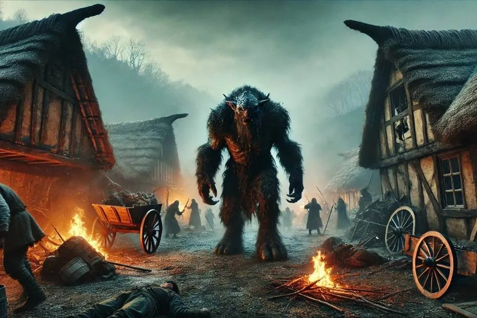 This image for The Wheel of Time Season 1 Episode 1 features a monstrous Trolloc towering menacingly in the center of the Two Rivers village, surrounded by burning cottages, scattered wagons, and panicked villagers.