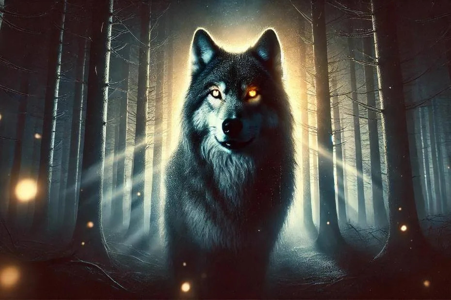 This feature image for The Wheel of Time Season 2 features a mystical wolf with glowing amber and white eyes standing at the center of a shadowy forest bathed in ethereal light.