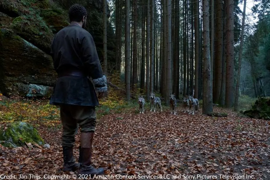 Perrin is on a forest path, facing a wolf pack. Autumn leaves cover the ground, and towering trees surround the scene.