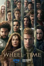 Rand and Moiraine stand at the forefront, separated by vertical glass columns. Behind them, an array of familiar and new faces from The Wheel of Time are visible, representing key characters from the series. The Prime Video logo and the premiere date, March 13, are displayed at the bottom.