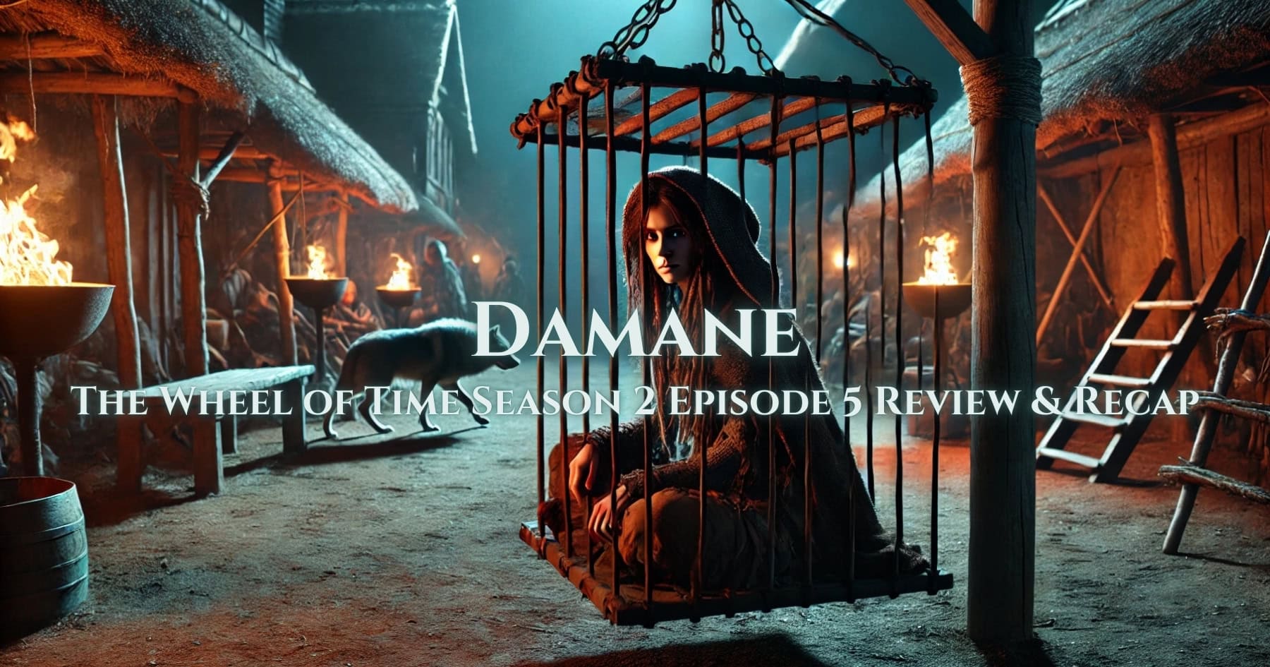 An Aiel Maiden of the Spear sits in a suspended cage, illuminated by torchlight, with a wolf nearby. Text overlay reads: "Damane: The Wheel of Time Season 2 Episode 5 Review & Recap."