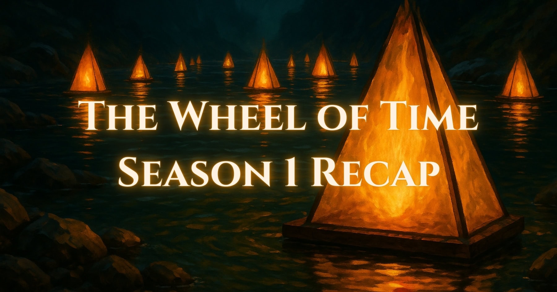 The text overlay reads “The Wheel of Time Season 1 Recap” on a glowing lantern-lit river background. Created using AI by OpenAI.